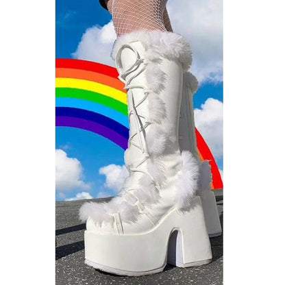 2024 Winter Big Size 43 y2k White Punk Style Women's Faux Fur Chunky Platform Boots Gothic Black Block High Heels Shoes