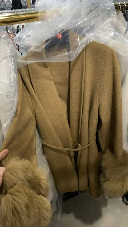 UCXQ Elegant OL Office Lady Overcoats Fur Patchwork Long Sleeve Woolen Coat Beautiful Women's Clothing Jacket Autumn 2025 Winter