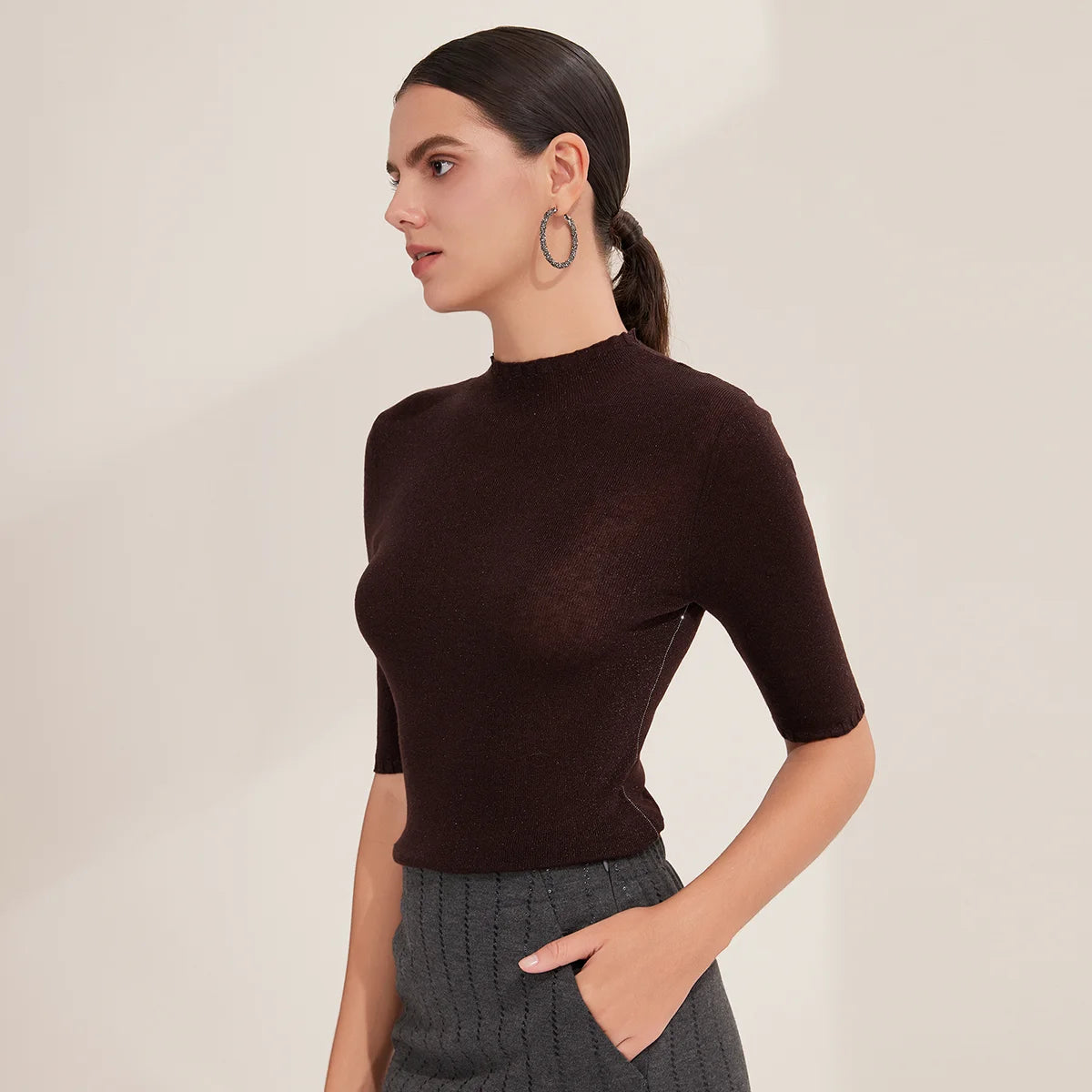 BY3521265 Women's Superfine Merino Wool Knit Top Half Sleeve Crew Neck Slim Fit Pullover Sweater