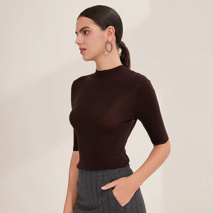 BY3521265 Women's Superfine Merino Wool Knit Top Half Sleeve Crew Neck Slim Fit Pullover Sweater