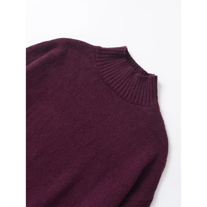 YENKYE Women Burgundy Basic Knit Soft Sweater Vintage Oversize Turtleneck Long Sleeve Autumn Winter Casual Pullover