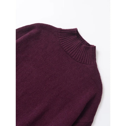YENKYE Women Burgundy Basic Knit Soft Sweater Vintage Oversize Turtleneck Long Sleeve Autumn Winter Casual Pullover