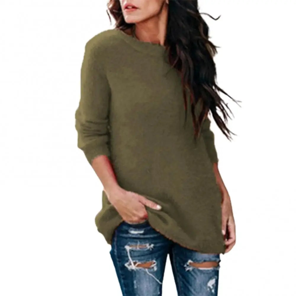 Chic Women Autumn Warm Sweater Solid Color O Neck Long Sleeve Knitwear Pullover Plus Size Sweater Blouse Ladies Hipster Clothing