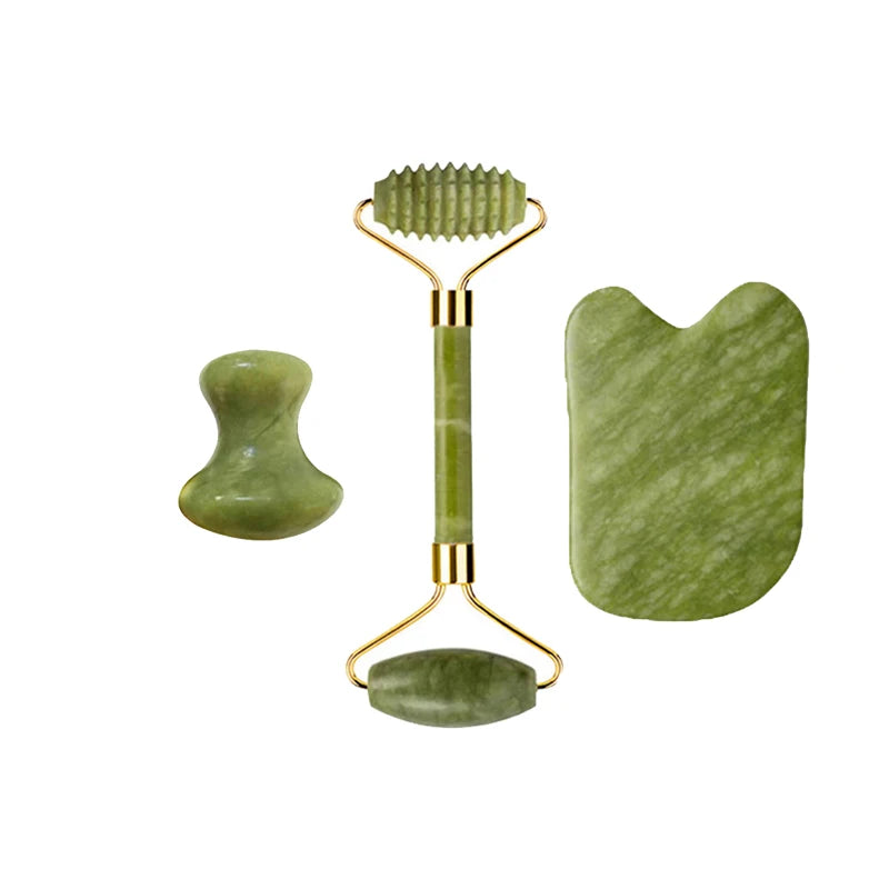 Natural Jade Roller Gua Sha Set – Facial & Body Massage Anti-Aging Lifting Spa Tools