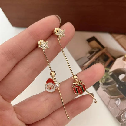 Christmas Tassel Earrings Women Movable Santa Claus Snowflake Asymmetrical Long Chain Pendant Earrings New Year Jewelry Gifts