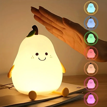 1pc Cute Pear Night Light 7-Color Dimmable Touch-Controlled Night Light Silicone Stress Reducing Pat Lamp USB Rechargeable