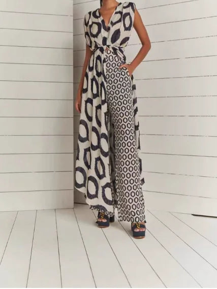 Elegant Temperament Printed Sleeveless V-Neck Lace Up Top+Slim Fit Pants Set for Women's Summer Elegant Slim Fit 2-Piece Set