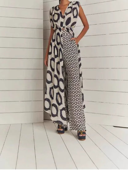 Elegant Temperament Printed Sleeveless V-Neck Lace Up Top+Slim Fit Pants Set for Women's Summer Elegant Slim Fit 2-Piece Set