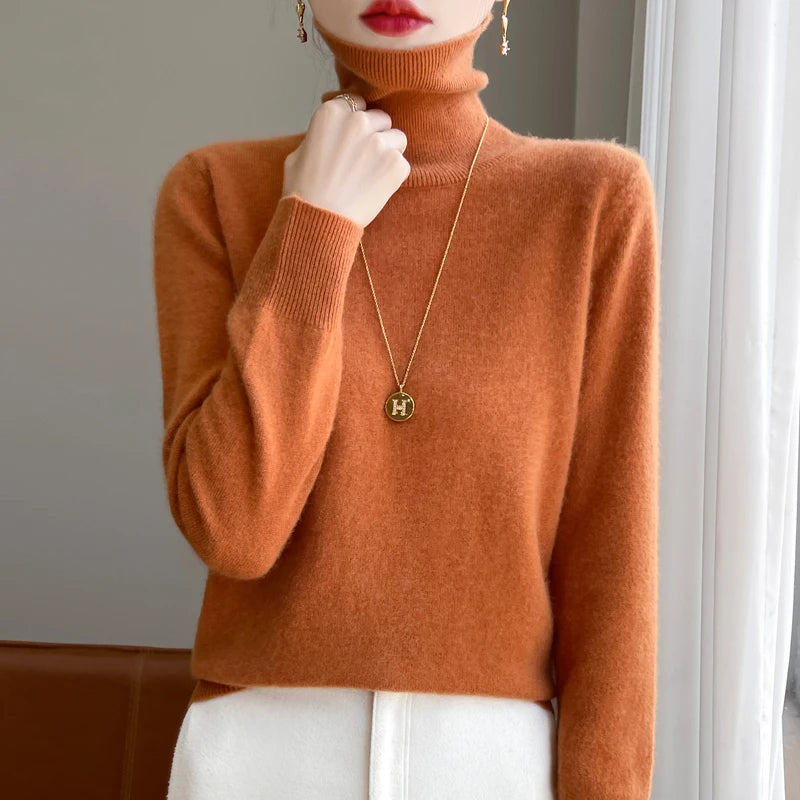 100% Merino Wool Cashmere Sweater Women Knitted Sweater Turtleneck Long Sleeve Pullovers Autumn Winter Clothing Warm Jumper Tops