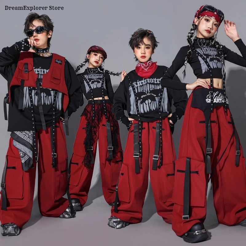 Boys Hip Hop Fashion Sweatshirt Vest Street Dance Cargo Pants Girls K-pop Top Jazz Costume Children Clothes Sets Kids Streetwear