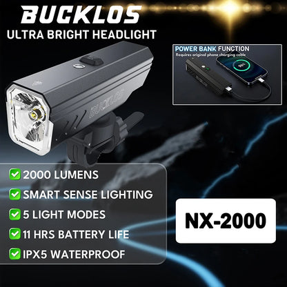 BUCKLOS Smart Sensor Bike Light Aluminum Alloy Headlight Cycling Waterproof Type-C Rechargeable Front Lamp Bicycle Accessories