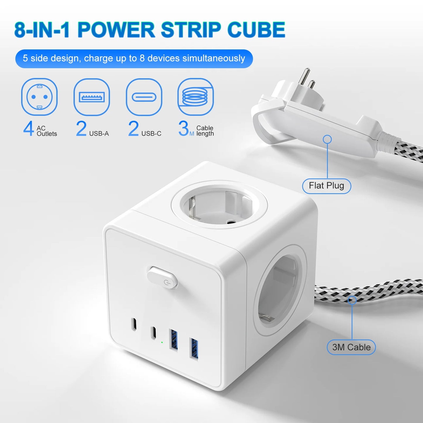 Adaptador multifunções para tomada de parede de 4000 W com 2 USB 2 tipo C, cabo de extensão de 3 m, 4 tomadas CA e várias tomadas