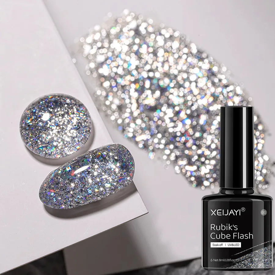 Esmalte em gel com glitter de 6 cores e 8 ml, prata, ouro rosa, lantejoulas coloridas, verniz em gel semipermanente, arte em unhas em gel UV, laca a laser