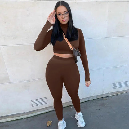 Casual Workout Two Piece Outfits for Women Long Sleeve Crop Top High Waisted Legging Pants Set Slim Jogger Track Suits