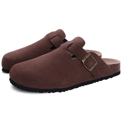 Evshine Cow Suede Cork Slippers Women Fashion Clogs Mules Footbed Cork Mules Men Baotou Slippers Summer Cork Sandals Comfy Mules