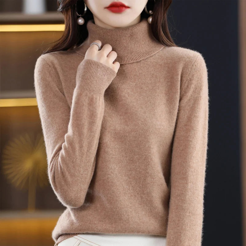 100% Merino Wool Cashmere Sweater Women Knitted Sweater Turtleneck Long Sleeve Pullovers Autumn Winter Clothing Warm Jumper Tops