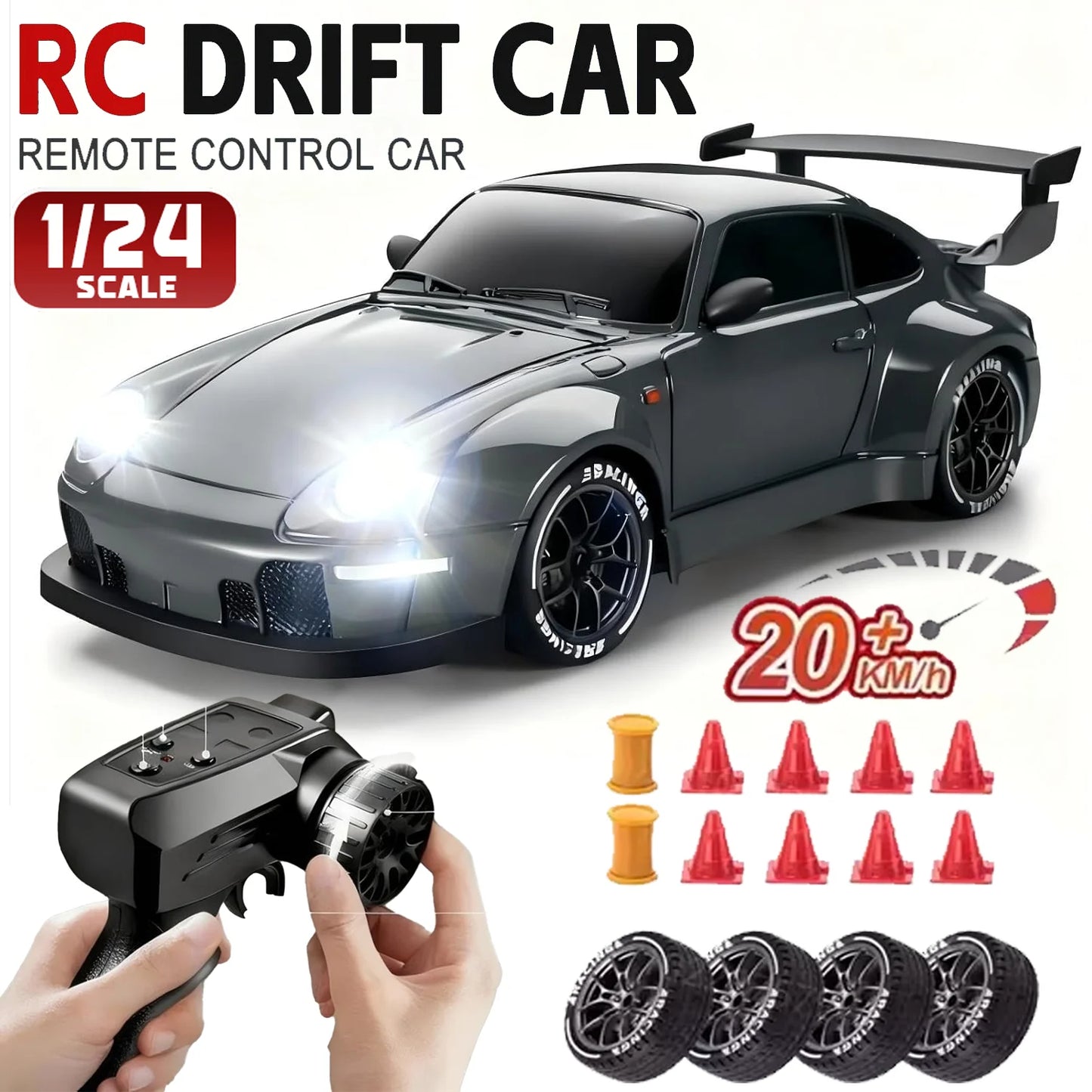 New RC Drift Car 4WD 1:24 Remote Control Car with LED Lights 2.4Ghz 20KM/H RC Car Extra Drifting Tires Racing Sport Vehicle Toys