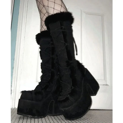 2024 Winter Big Size 43 y2k White Punk Style Women's Faux Fur Chunky Platform Boots Gothic Black Block High Heels Shoes