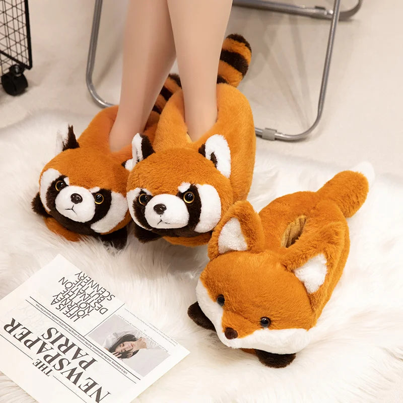 Cute Red Panda Fox Shoes Women Men Winter Slippers Warm Plush Soft Sole Girls Indoor Home Floor Slipper Women Cartoon Footwear