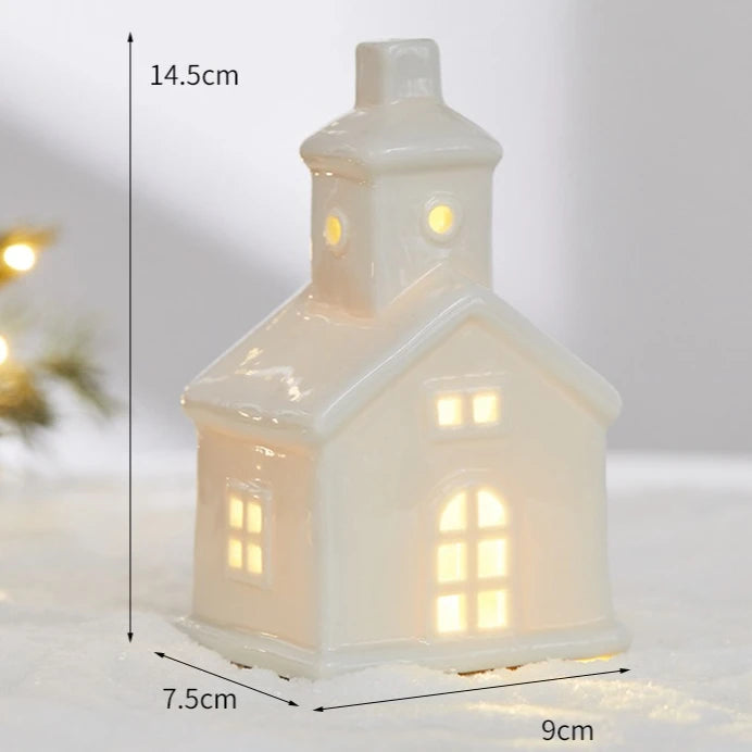 Glowing Ceramic Christmas Light Decorations LED Christmas Tree Luminous Hut Desktop Home Ornaments Scene Props Xmas Gifts
