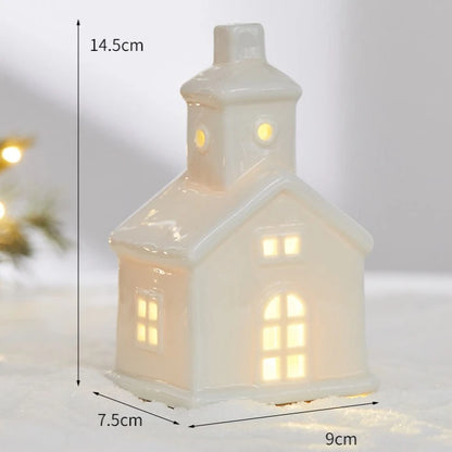 Glowing Ceramic Christmas Light Decorations LED Christmas Tree Luminous Hut Desktop Home Ornaments Scene Props Xmas Gifts