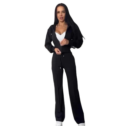 Conjunto de sweatshirt para mulher 2025, slim, cor sólida, fecho, manga comprida, calças largas, conjunto de 2 peças para mulher