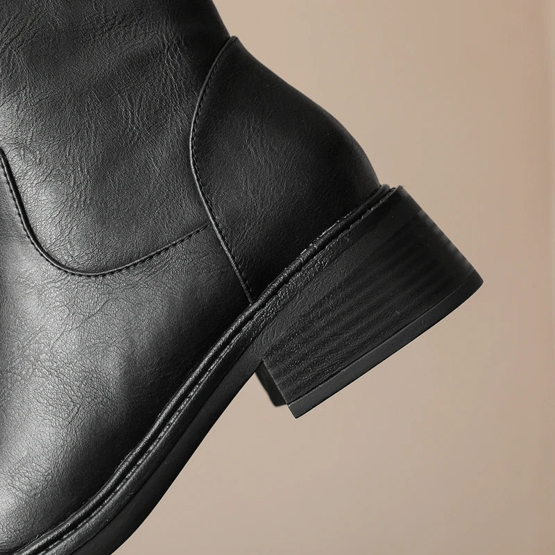 Women's New Autumn/Winter Genuine Leather Cowhide Mid Heel Large Metal Belt Buckle and Knee Zipper High Barrel Knight Boots