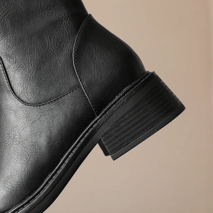 Women's New Autumn/Winter Genuine Leather Cowhide Mid Heel Large Metal Belt Buckle and Knee Zipper High Barrel Knight Boots