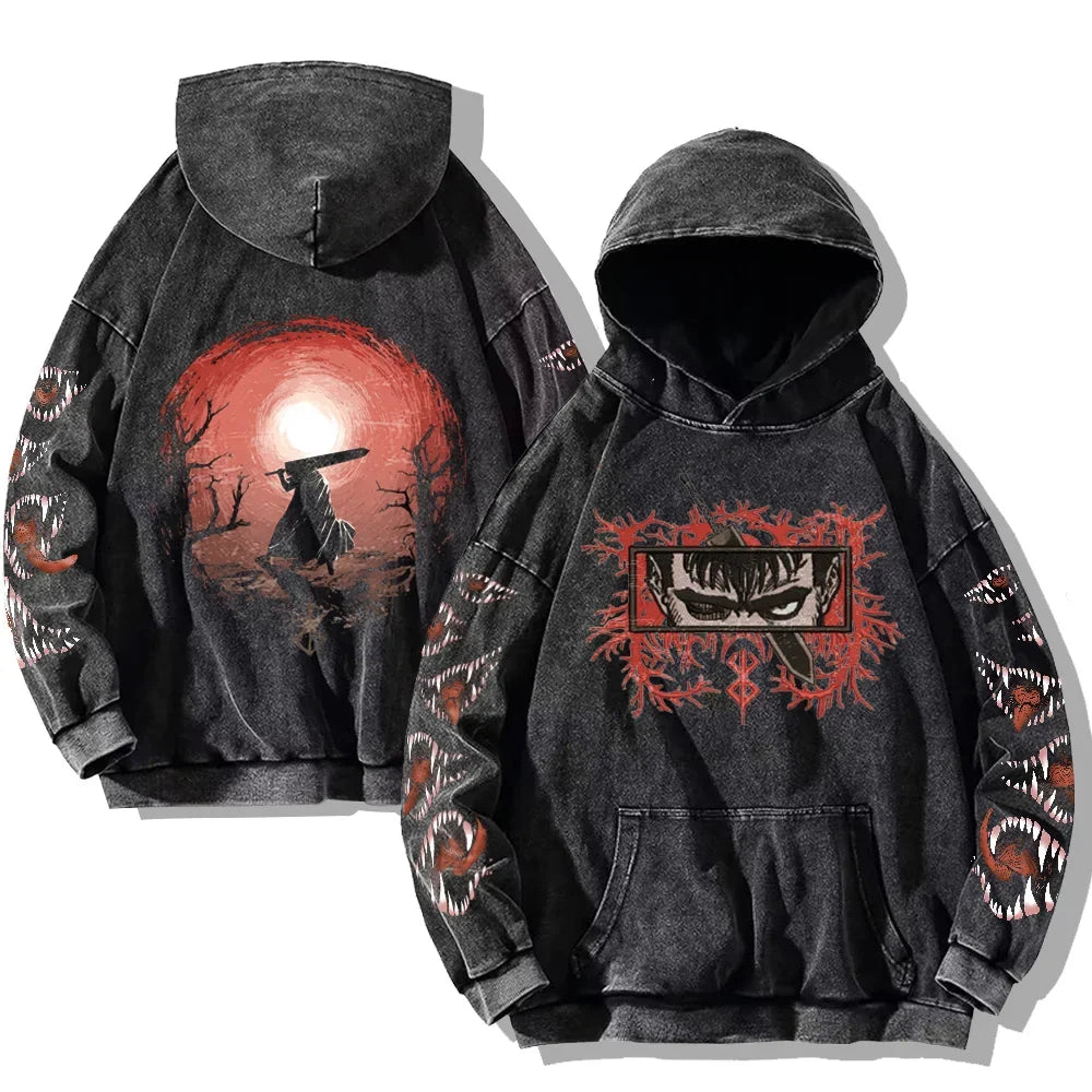 Mens Berserk Hoodies Gothic Print Vintage Washed Hoodie Hip Hop Streetwear Cotton Sweatshirts Harajuku Casual Hooded Pullover
