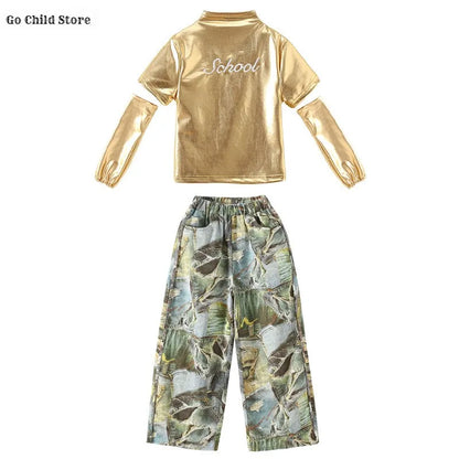 Girls Hip Hop Shiny Golden Crop Top Patchwork Jeans Pants Kids Streetwear Child Jazz Girl Group Costumes K-pop Retro Clothes Set