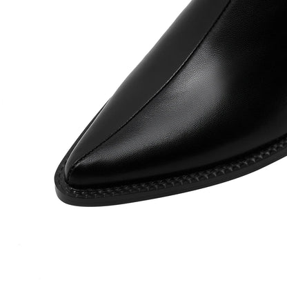 Kaky's New Pointed Cow Tied Leather Thick Heel Medium Heel Large Women's Slippers, Wrapped Half Slippers, Muller Shoes