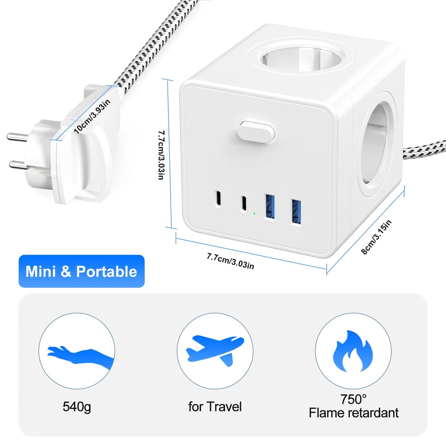 Adaptador multifunções para tomada de parede de 4000 W com 2 USB 2 tipo C, cabo de extensão de 3 m, 4 tomadas CA e várias tomadas