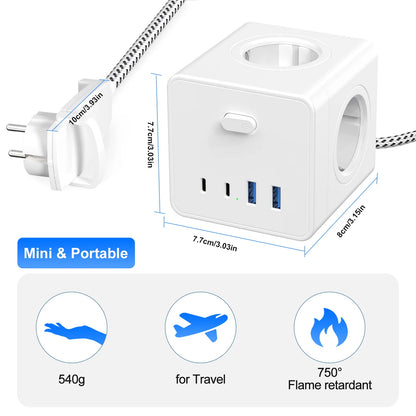 Adaptador multifunções para tomada de parede de 4000 W com 2 USB 2 tipo C, cabo de extensão de 3 m, 4 tomadas CA e várias tomadas