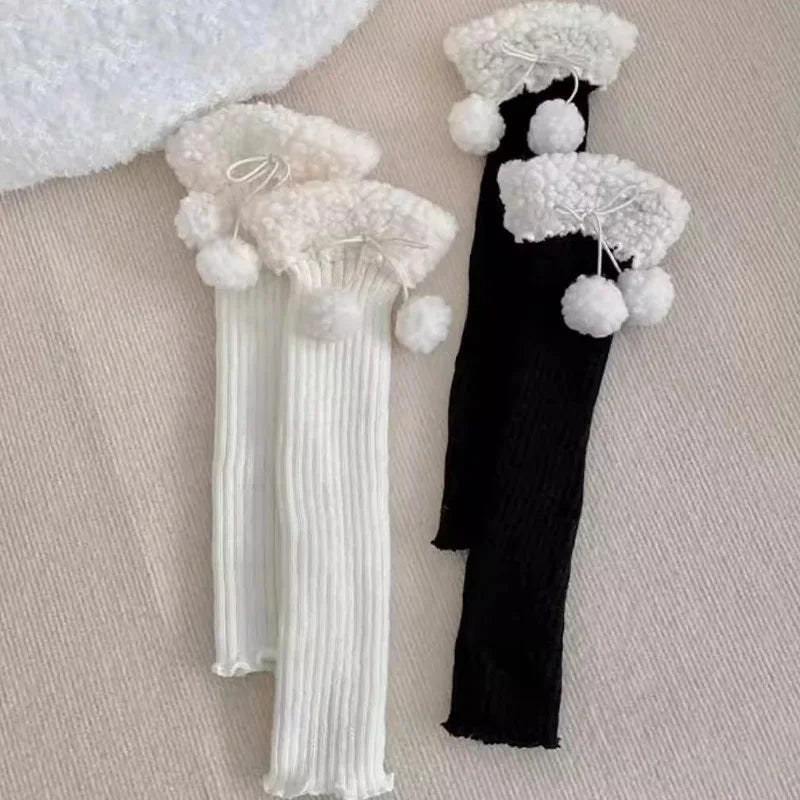 Autumn Winter Lolita Leg Warmers Socks with Ball Knitted Warm Foot Cover White Black Grey Warmer Lady Crochet Sock Boot Cuffs
