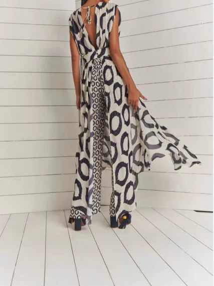 Elegant Temperament Printed Sleeveless V-Neck Lace Up Top+Slim Fit Pants Set for Women's Summer Elegant Slim Fit 2-Piece Set