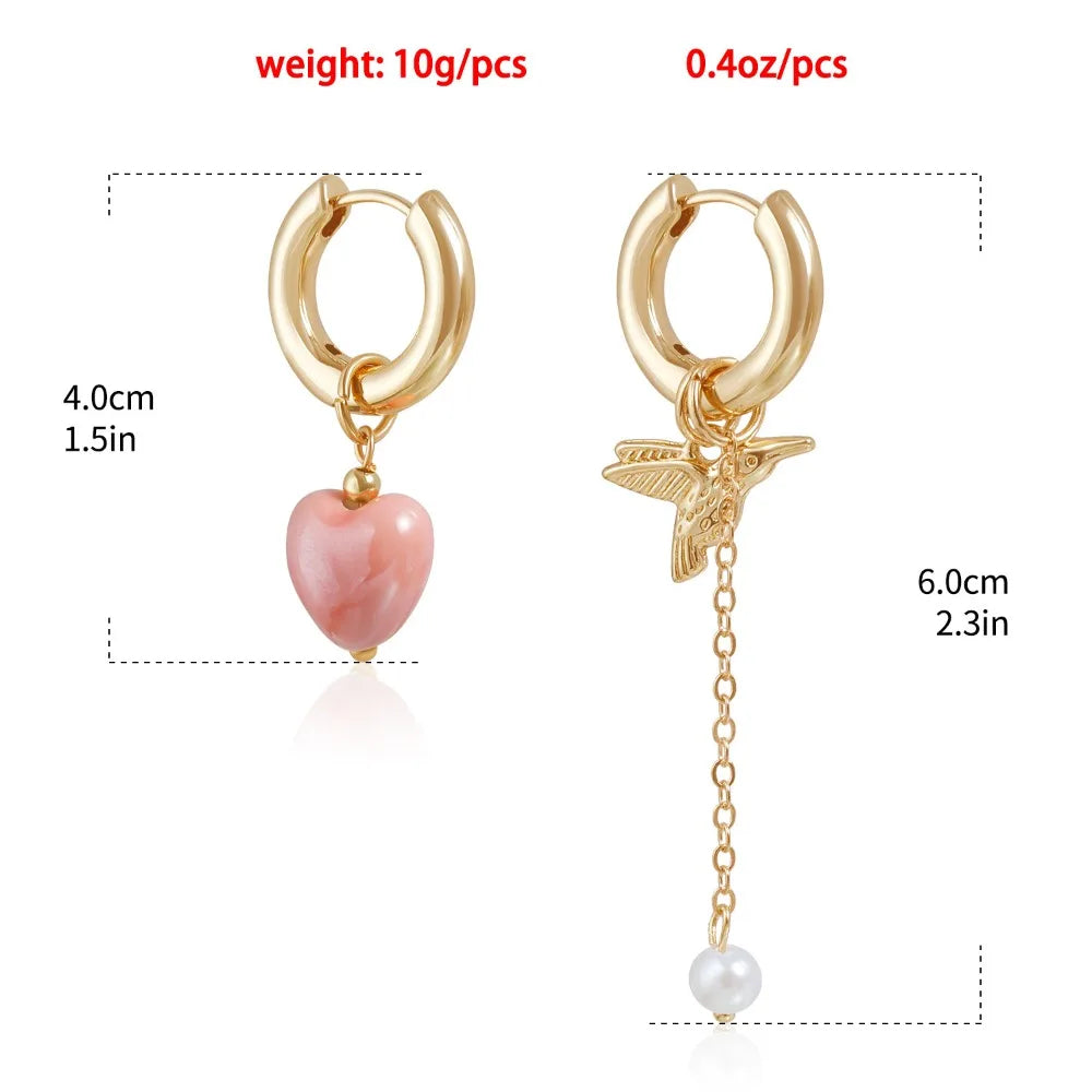Retro Trendy Geometric Stereo Pink Heart-shaped Bird Pearl Tassel Asymmetrical Dangle Earrings for Women Jewelry Accessory Gifts