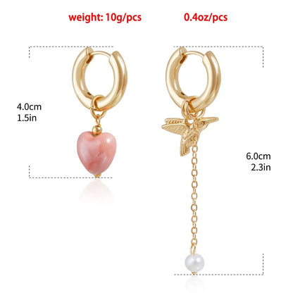 Retro Trendy Geometric Stereo Pink Heart-shaped Bird Pearl Tassel Asymmetrical Dangle Earrings for Women Jewelry Accessory Gifts