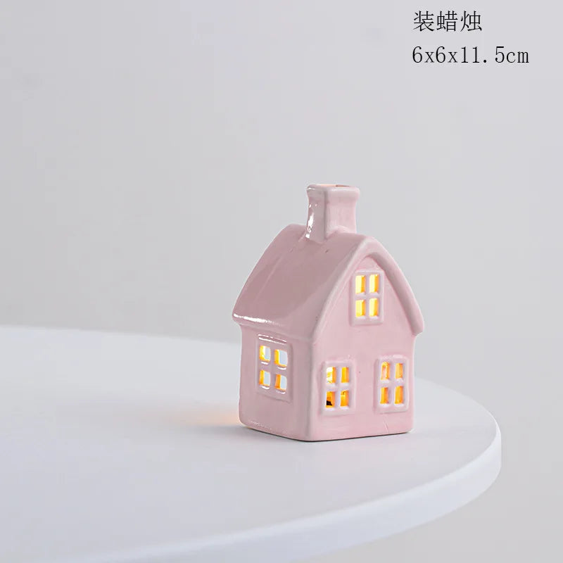 Christmas Decoration Porcelains Miniature Village House LED Light Ceramics Castle Model Home Desktop Ornament Christmas Gift