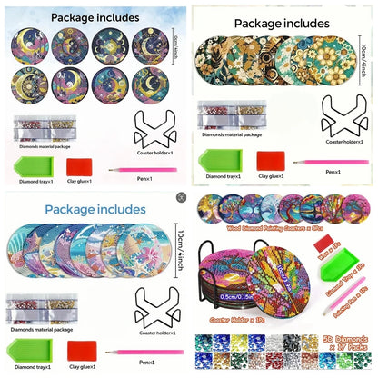 8pcs/Set DIY Diamond Painting Coasters with Holder Anti Slip Wood Drip Mats Crystal Rhinestones Diamond Art Coasters for Adults