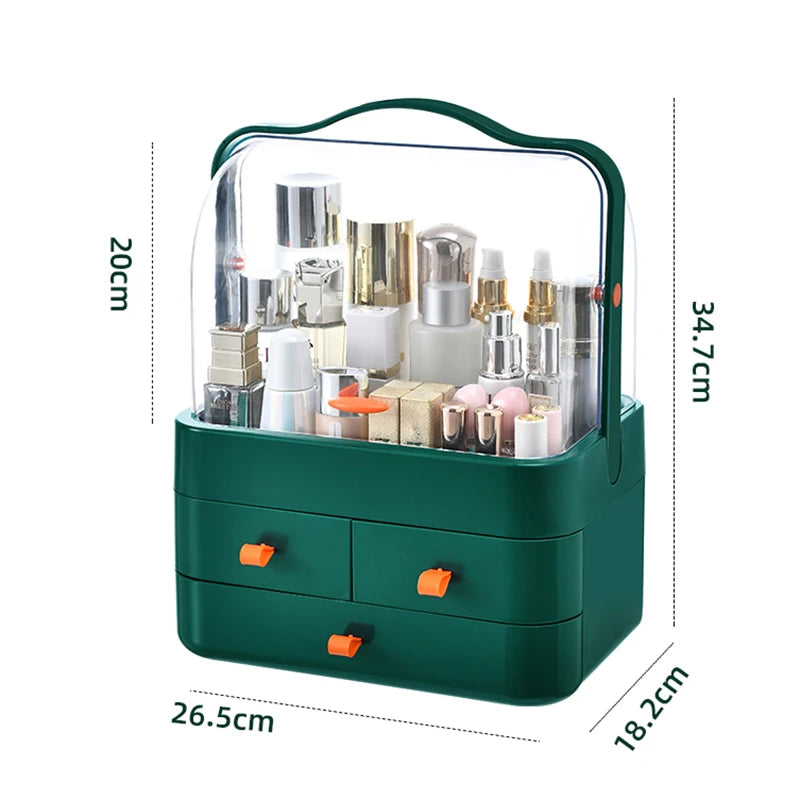 Luxury Dustproof Cosmetic Organizer with Lid & Drawer – Waterproof Vanity Storage Box for Makeup & Skincare