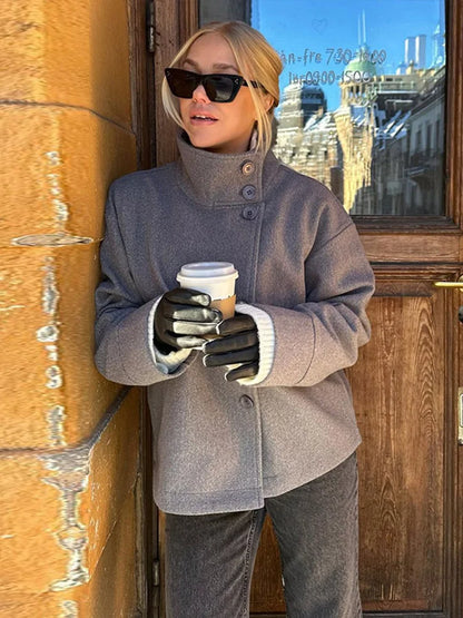 Urban Black Woolen Blend Coats Women Stand Collar Single-breasted Long Sleeve Thick Warm Jacket 2025 Autumn Winter Lady Outwear