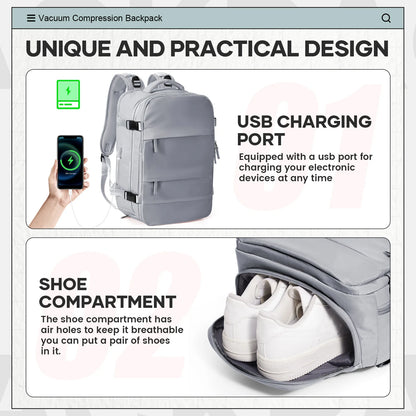 Large Vacuum Travel Backpack with Pump for Women Men, Personal Effects Carry-on Luggage Backpack 47x33x20cm,   Laptop School Bag
