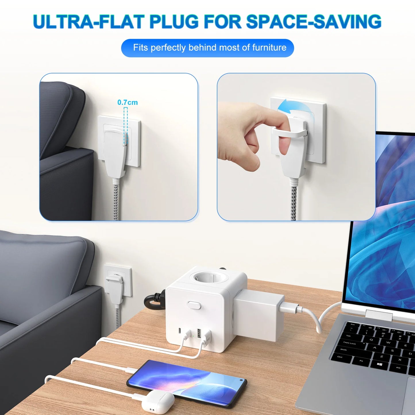 Adaptador multifunções para tomada de parede de 4000 W com 2 USB 2 tipo C, cabo de extensão de 3 m, 4 tomadas CA e várias tomadas