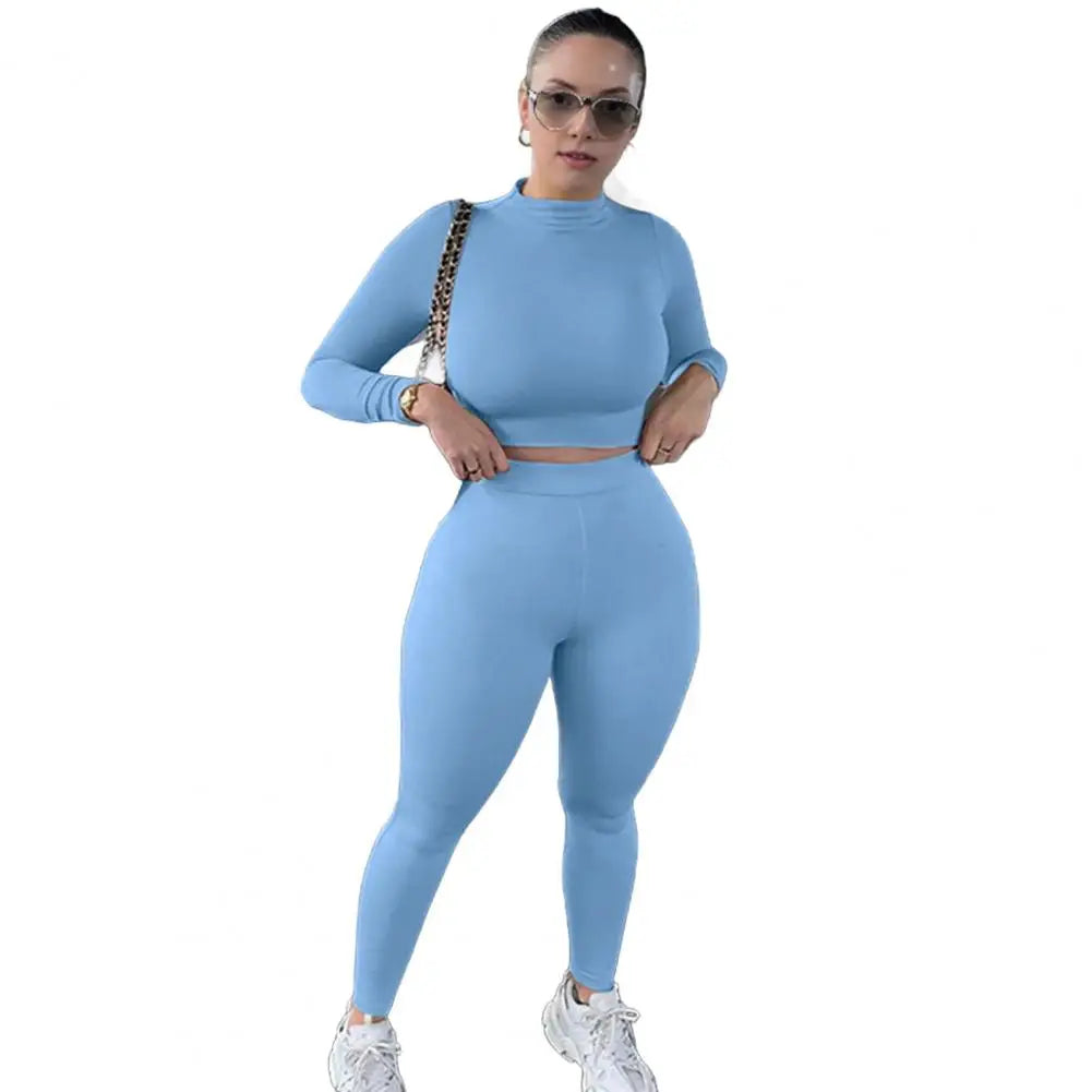 Casual Workout Two Piece Outfits for Women Long Sleeve Crop Top High Waisted Legging Pants Set Slim Jogger Track Suits