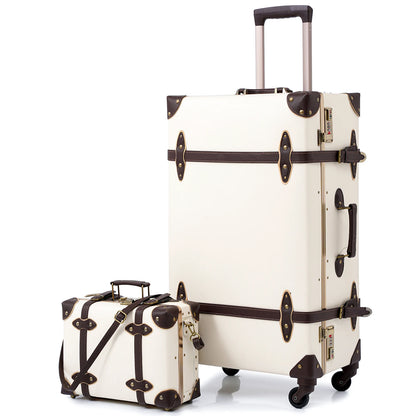 Vintage Suitcase set 2 piece , Women's Vintage Luggage set, Travel suitcase with boarding tote, handmade faux leather aluminum