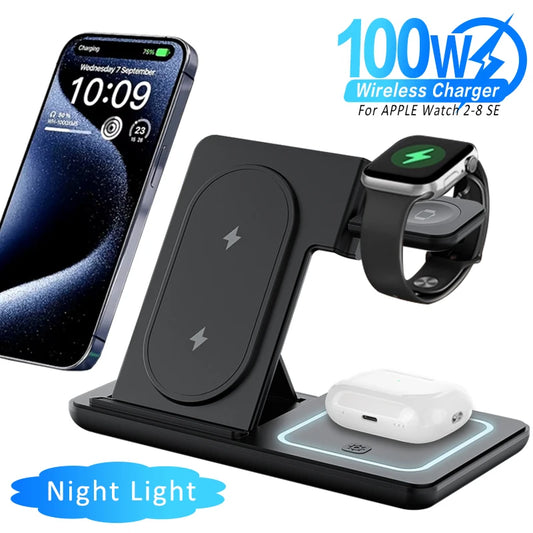 100W Foldable 3 in 1 Night Light Wireless Charger Stand For iPhone Apple Watch 2-8 SE Airpods Pro Fast Charging Station
