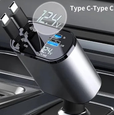 USB-C Retractable Car Charger – 66W Fast Charging with Dual Ports & LED Display
