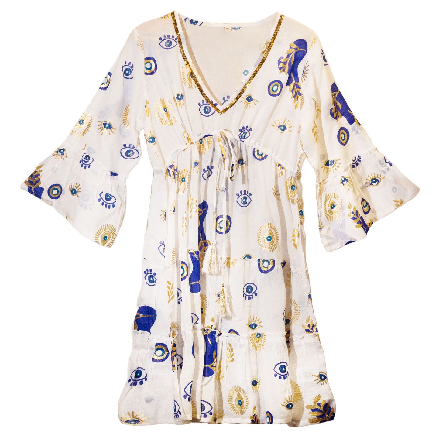 (LXL) Nomad Sari On the Med Collection - Dress -  White , Blue & Gold Evil Eye Design