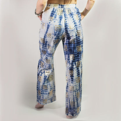 (ML) Nomad Sari On the Med Collection - Lounge Pants - Gold & Blue Greek Motiff - Handpainted