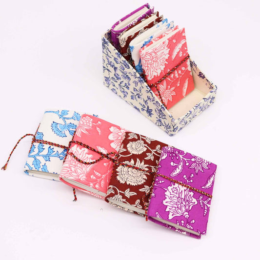 4x Floral Print Cotton Bound Notebooks 7x10cm - Assorted